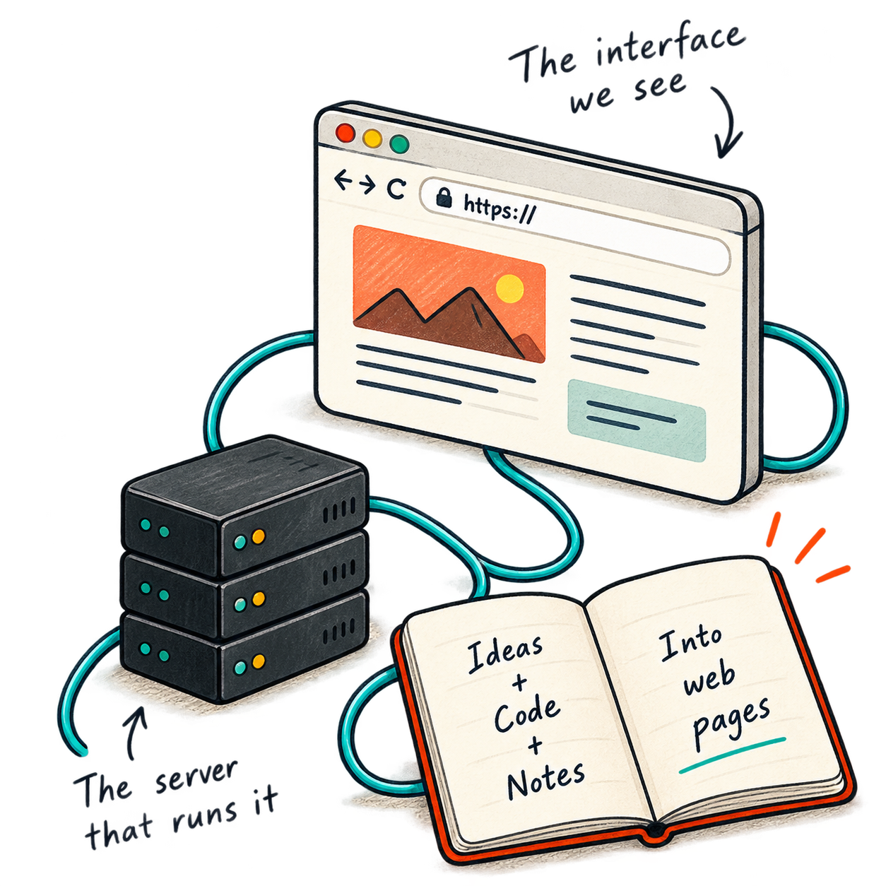 A browser, a server, and an open notebook connected by a teal cable.